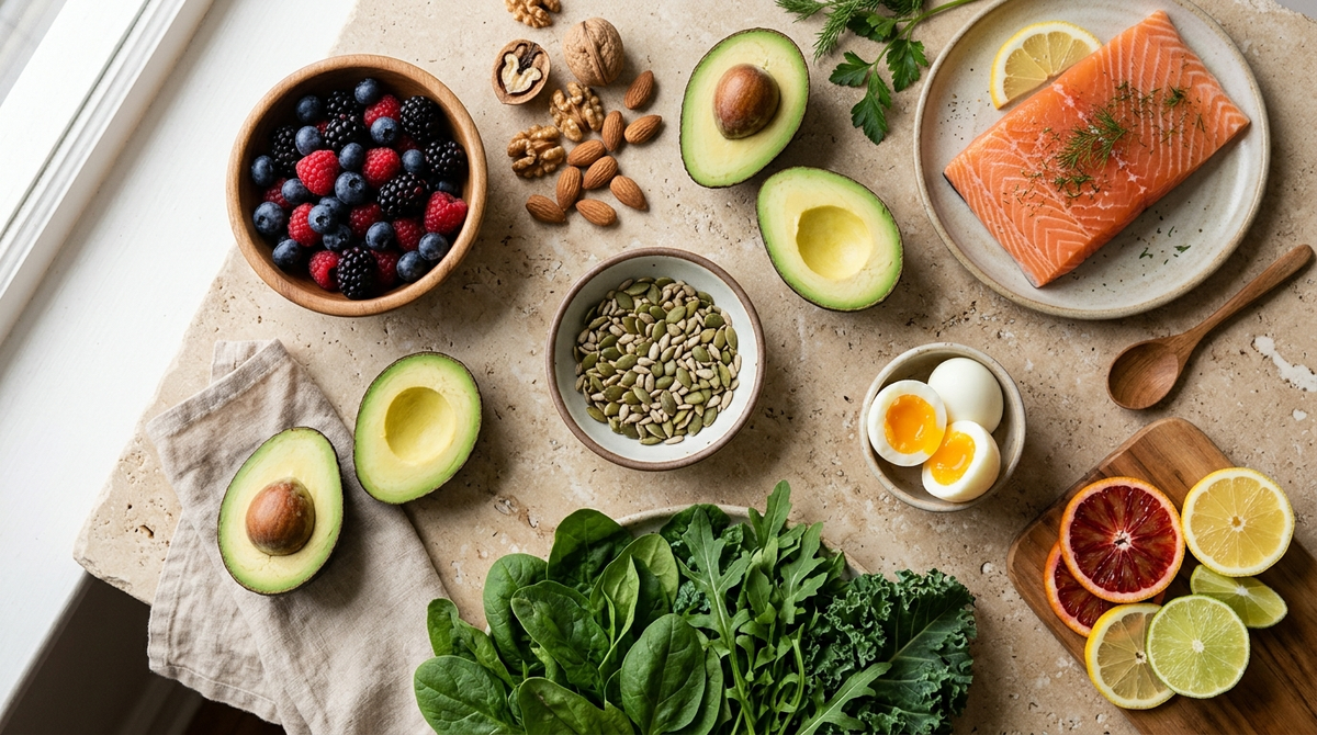 Editorial Flatlay mit Beeren, Nüssen, Avocado, Lachs, Zitrusfrüchten und Blattgemüse als Lebensmittel für Haut, Haar und Wohlbefinden