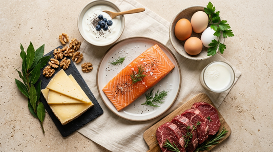 Vitamin-B12-reiche Lebensmittel: Lachs, Rindfleisch, Eier, Milch, Käse und Joghurt auf hellem Untergrund