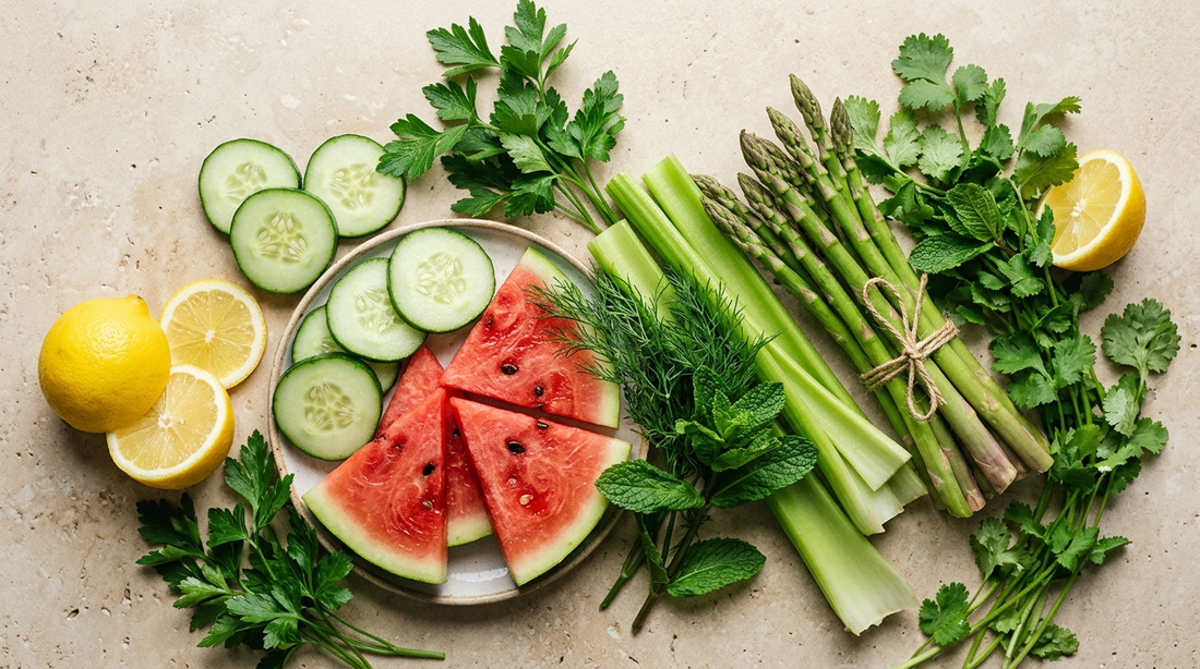 Wasserreiche Lebensmittel: Gurke, Wassermelone, Spargel, Sellerie, Zitrone und frische Kräuter