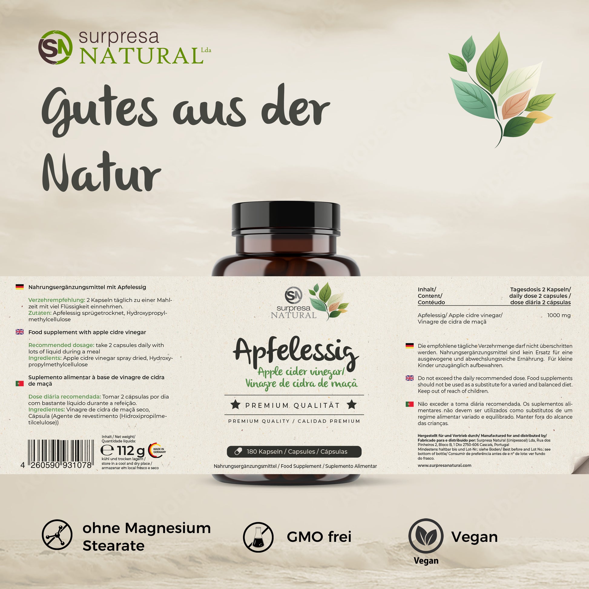 Apfelessig Kapseln 1000 mg – hochdosiert, vegan, 180 Stk. – Surpresa Natural Deutschland