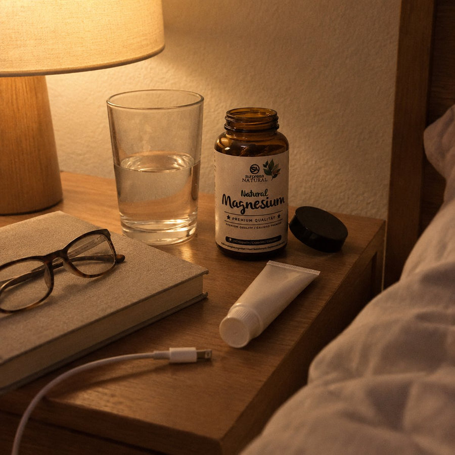 Nachttisch am Abend mit Lampe, Wasserglas und Surpresa Natural Magnesium