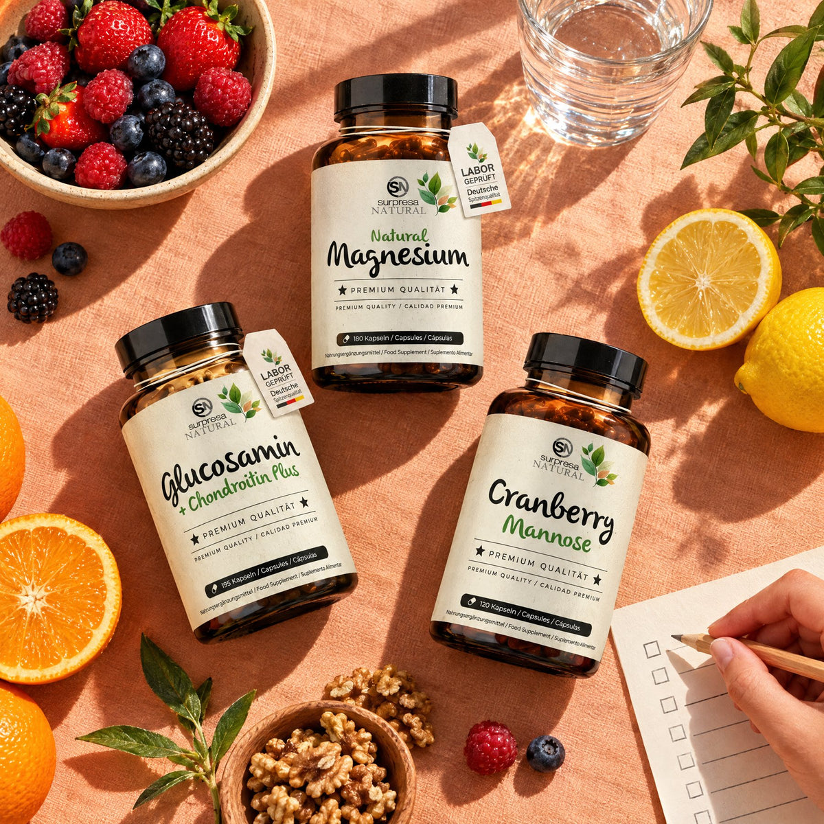 Drei Dosen Surpresa Natural mit frischem Obst und einer Checkliste