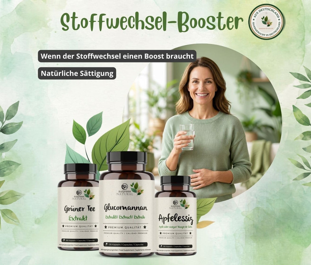 Stoffwechsel-Booster Trio von Surpresa Natural: Grüner Tee Extrakt, Glucomannan und Apfelessig