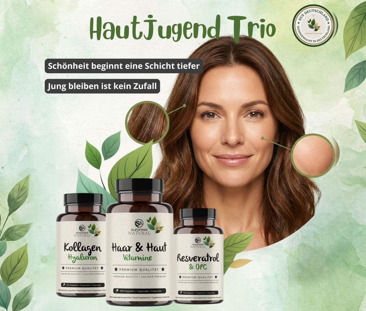 HautJugend Trio von Surpresa Natural: Kollagen Hyaluron, Haar & Haut Vitamine und Resveratrol & OPC